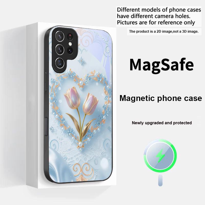 Love's Pink Purple Tulip For Magsafe Samsung S25 S25 Edge S25Ultra S8 9 10 20 S21 Pro 22 Plus S23 FE S24 Ultra Glass Phone Case