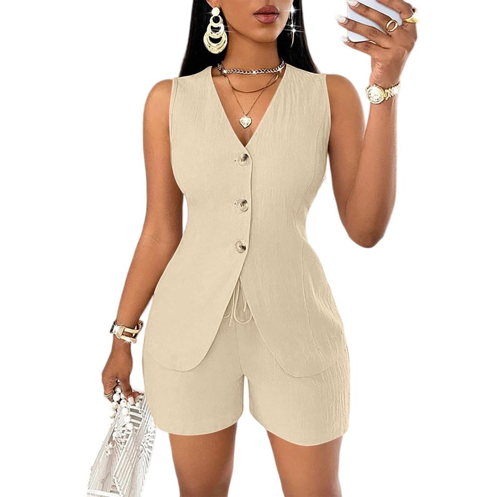 Women's Fashion Casual Summer Open Chest Tie Short Sleeve Shirt Top Three-Quarter Pants Suit