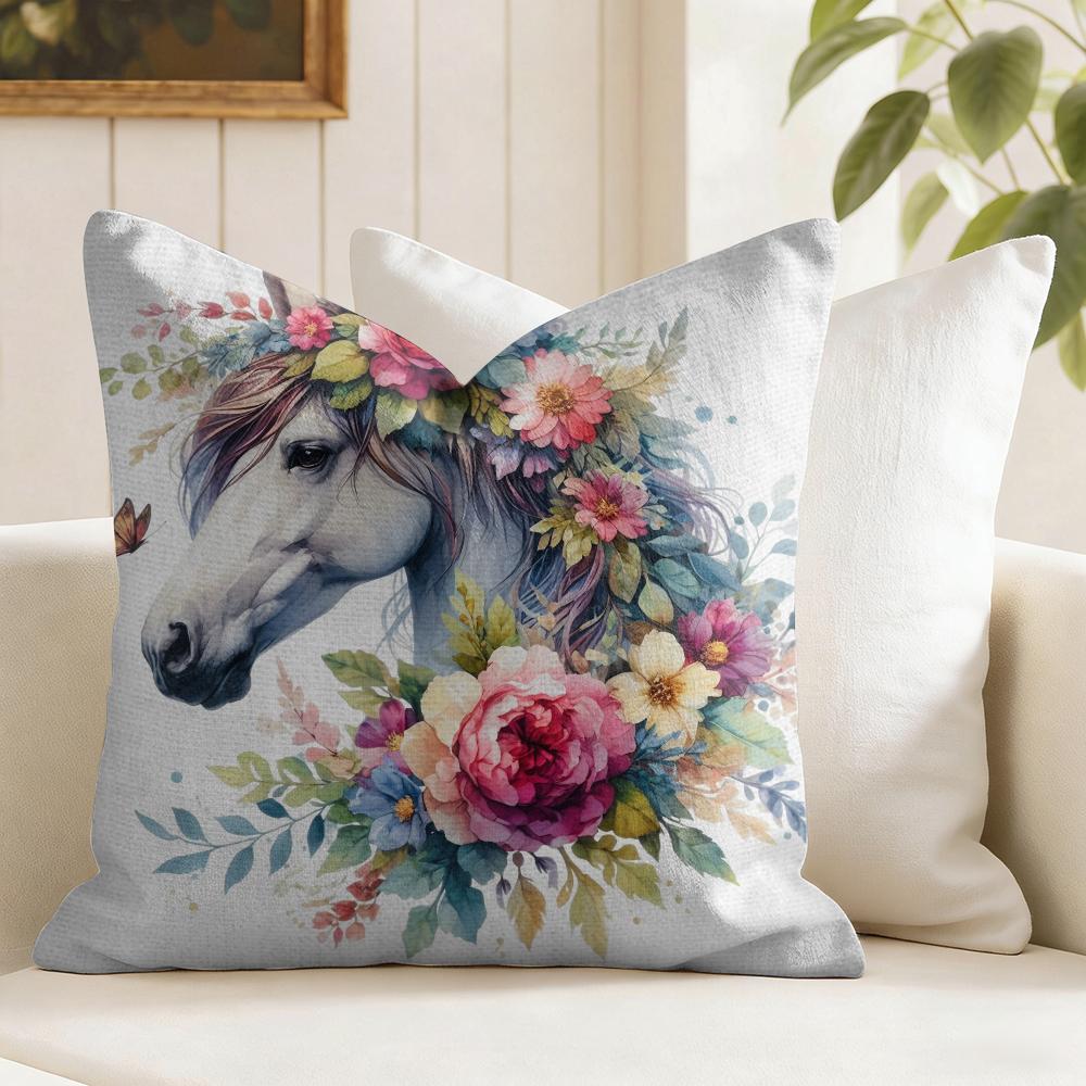 Watercolor Horse  Floral Cushion Cover Natural Linen Organic Fabric DoubleSided Printing Couch Pillow Covers Home Decor
