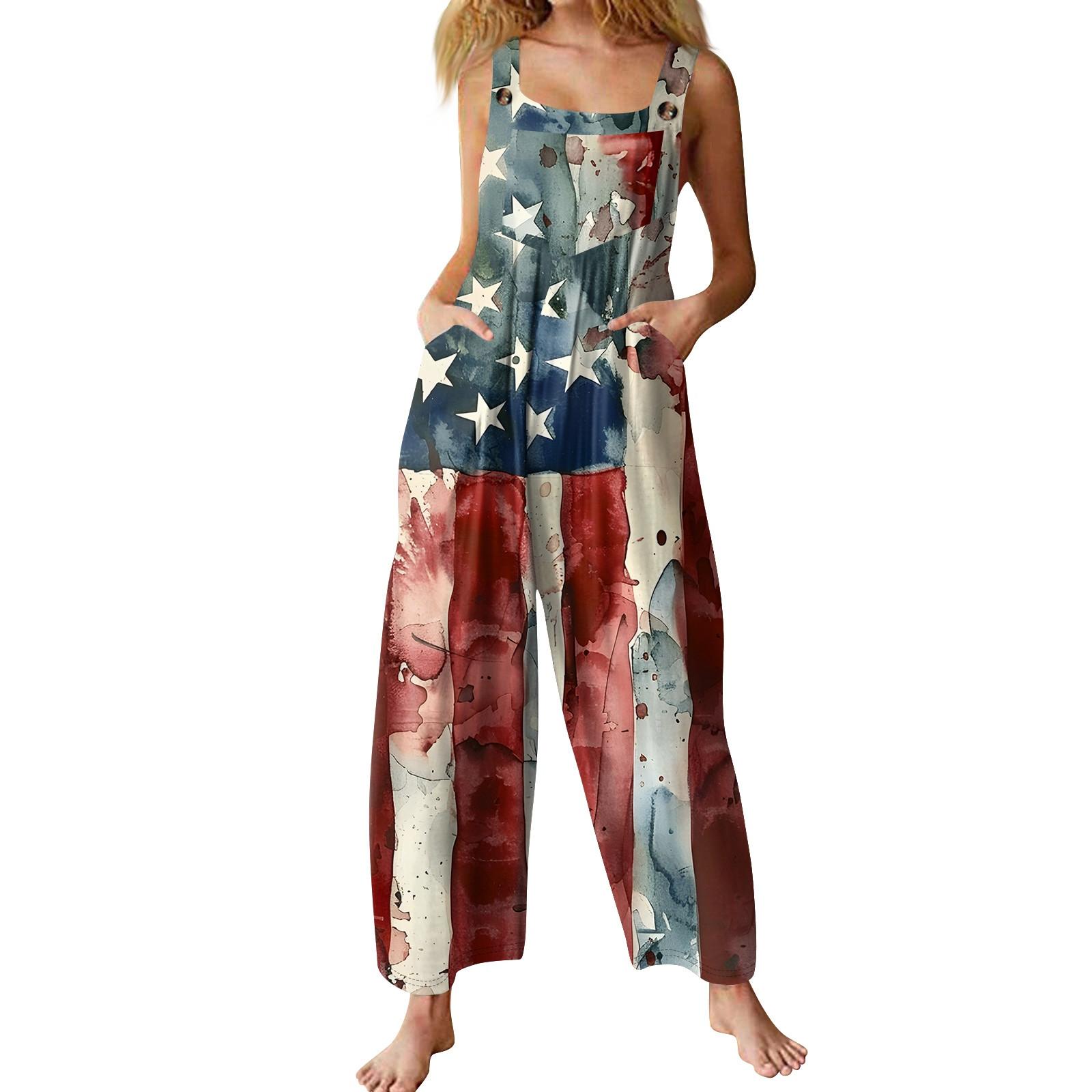 

Womens Casual Overalls Jumpsuits Adjustable Straps Sleeveless Independence Day Print Comfy Rompers With Pocket M