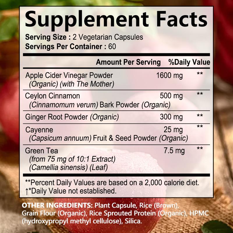 Apple Cider Vinegar, Ceylon Meat, Green Tea 120 Veggie Capsules Dietary Supplement