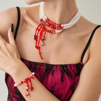 Collier créatif Halloween à franges dégoulinantes de sang, Collier gothique à perles imitation perle tachées de sang