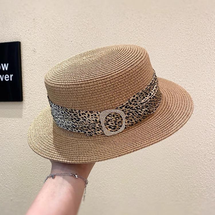 

British retro short brim straw top hat women s spring and summer flat top travel sun hat temperament fashionable sun hat Adjustable хакі