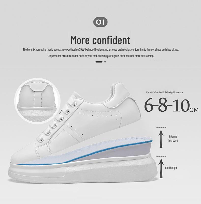Men's 8CM Height-Boosting White Low-Top Cowhide Casual Shoes, Thick Sole, Large Sizes, Youth Fashion