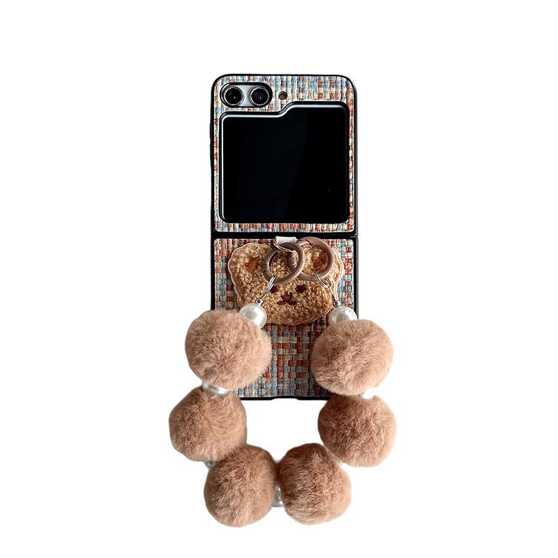 For Samsung Zflip5 Mobile Phone Case for Huawei P50pocket Flip Folding Screen Plush Bear Portable Wristband