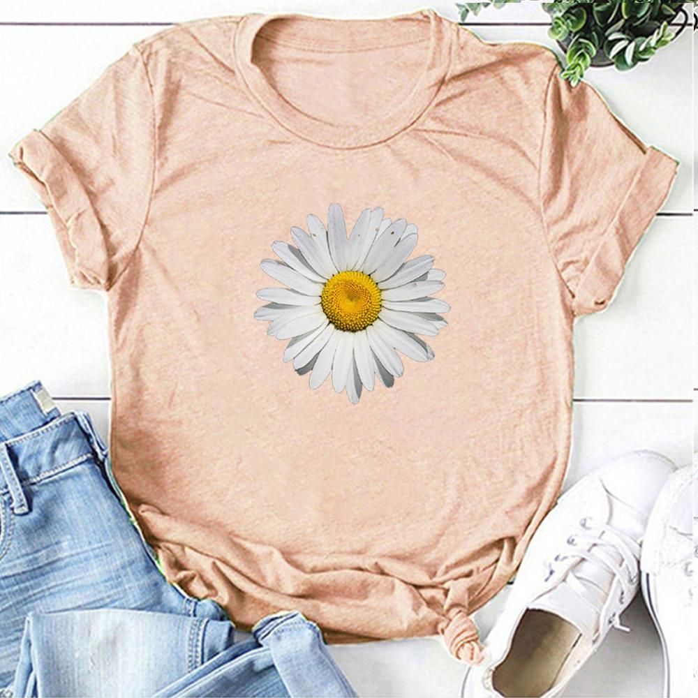 Summer Round Neck Daisy Pattern Printed Top Fashionable Casual Pure Cotton Short Sleeved Women's T-shirts