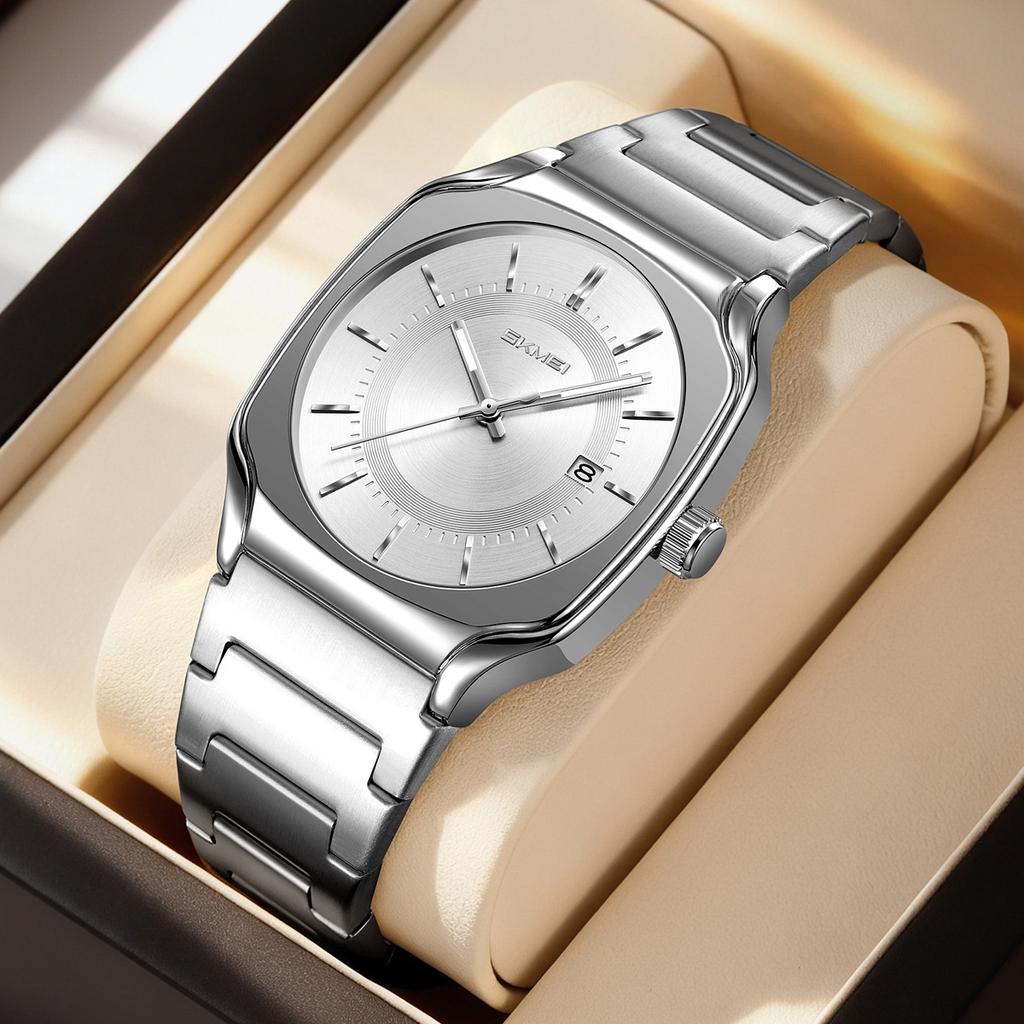 Mens Wristwatch Square Quartz Watches Waterproof, Date Function, Stainless Steel Band & Buckle