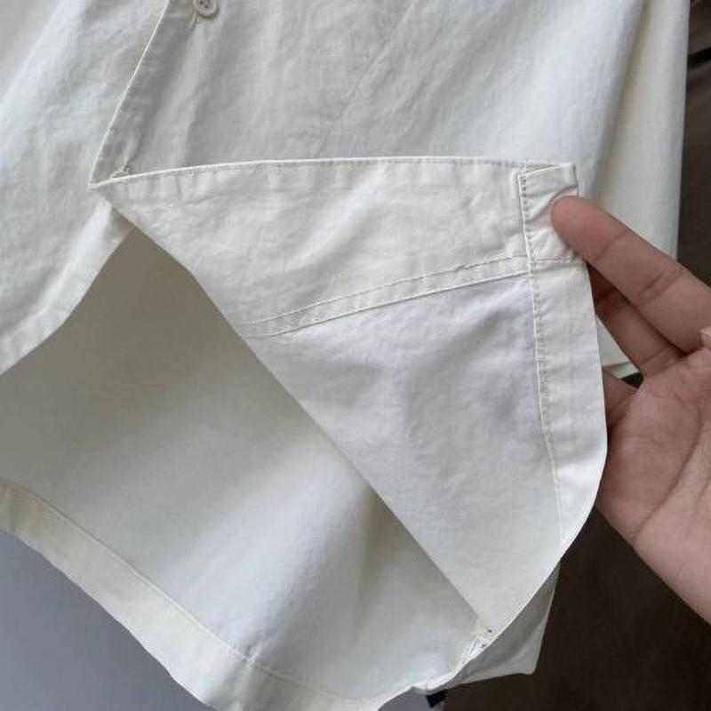 Cotton Shirts Women Vintage Short Sleeve Polo Neck Casual Summer Single Breasted One Piece Blouse Women