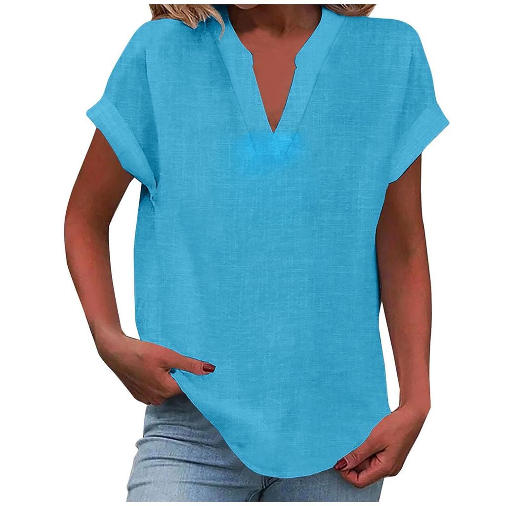 Women's V Neck Short Sleeve Loose Fit Solid Color T-Shirt Casual Summer Top
