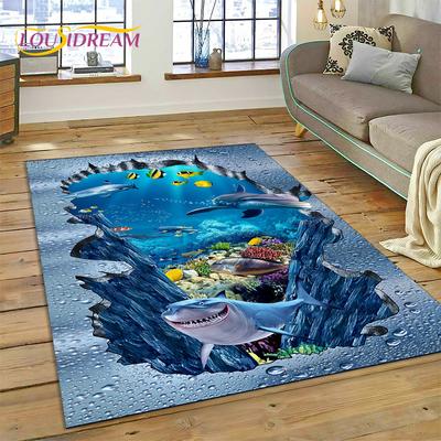 3D Illusion Underwater World Seabed Shark Dolphin Cartoon Rug Carpet for Living Room Bedroom Decor,Non-slip for Sofa Doormat Kid