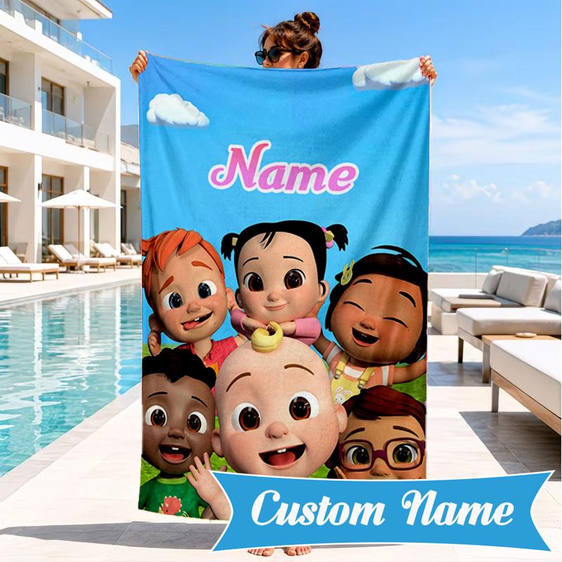 Custom Name Coco-melon Adventure Beach Towel Microfiber Beach Towel, Lightweight and Quick-Dry, for Summer Travel, Swimming Pool Gift