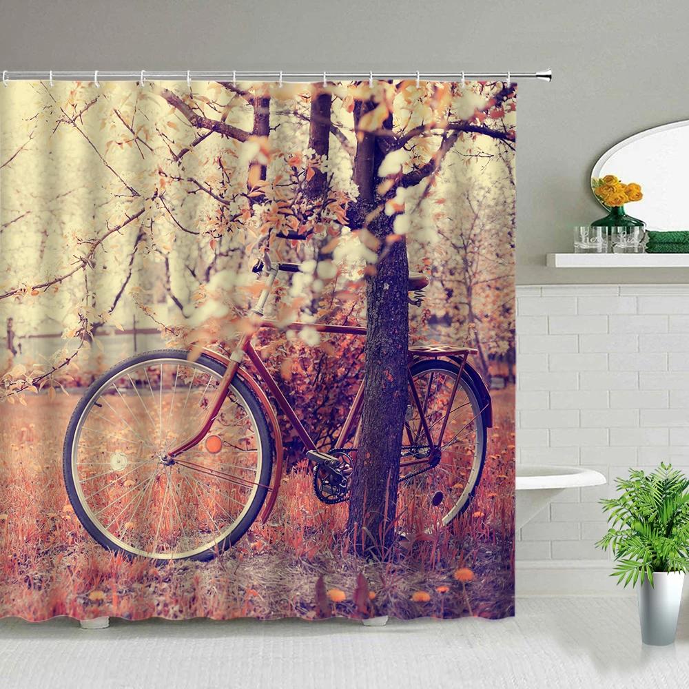 Retro Old Street Building Bicycle Landscape Shower Curtains European Style Poster Bathroom Curtain Waterproof Fabric With Hooks