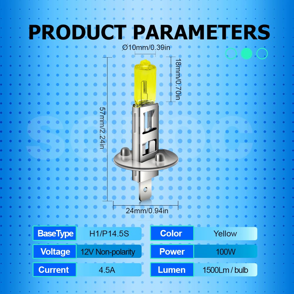 SOFOC Super Bright H1 Car Fog Lights Headlights High/Low Beam Lamp, 100W, Yellow, 3000K, Set of 2