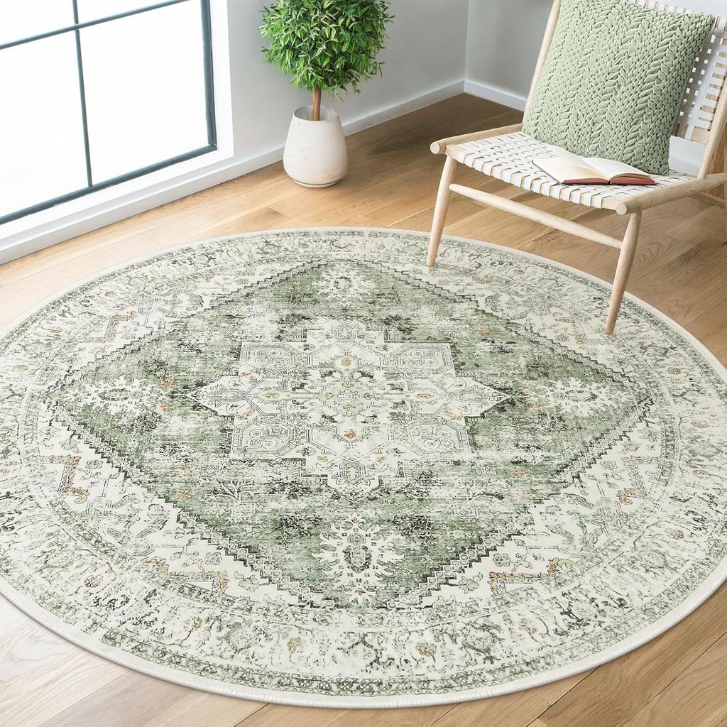 Round Retro Geometric Pattern Elegant Carpet Mat Home Decoration Beige Pink Durable Soft Anti Slip Mat Living Room Rug