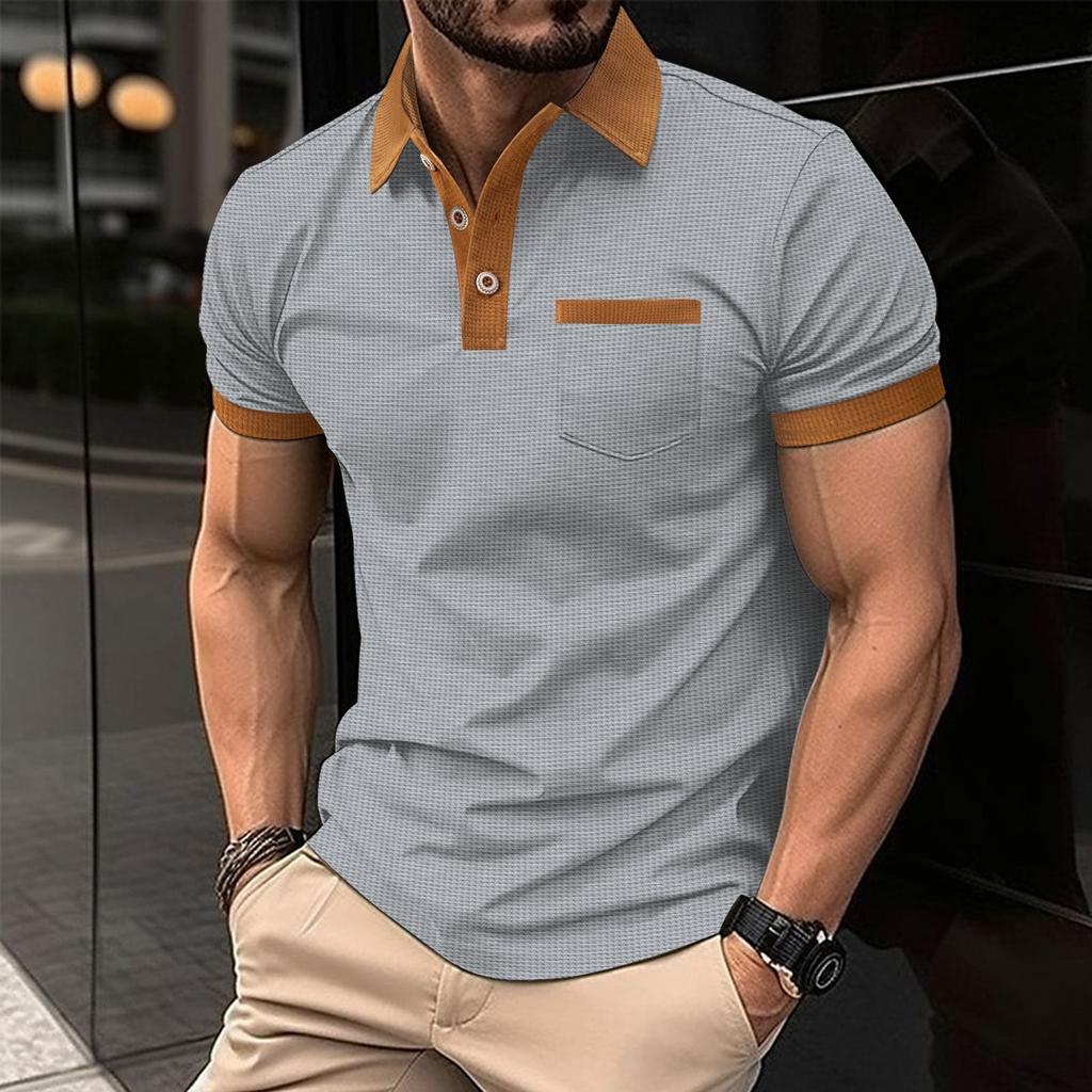 Neues Herren-Poloshirt mit farblich abgesetzter Brusttasche, kurzärmiges T-Shirt-Top mit Knopfleiste