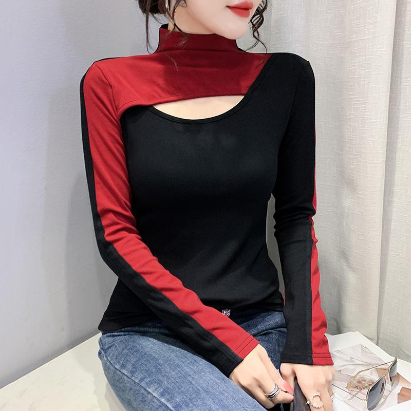 

Новая зимняя футболка с длинными рукавами и полувысоким вырезом, контрастная отделка для женщин 3XL