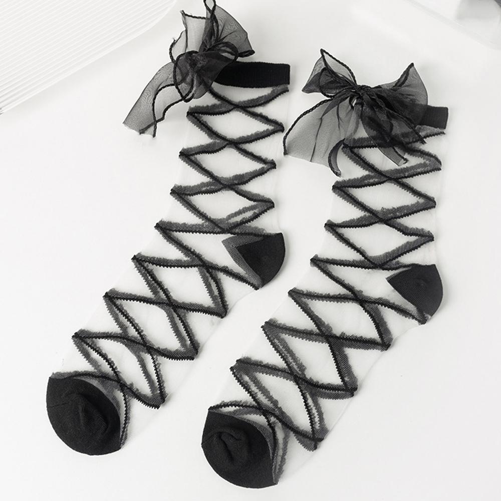 Women Lolita Organza Ruffle Ankle Socks, Summer Sheer Glass Silk Crisscross Strap Mesh Socks, Japanese Sweet Cosplay Short Socks