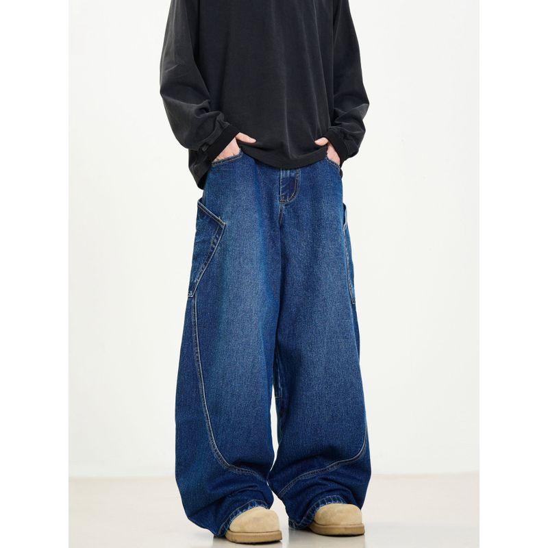 Kisko American Retro Deconstructed Design Wide-Leg Scimitar Jeans for Men and Women, Distressed Loose Straight Casual Pants