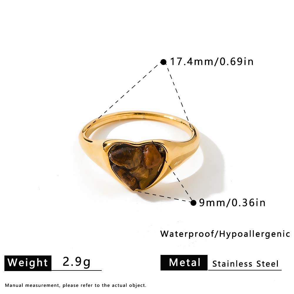 Boho Natural Stone Heart Signet Ring for Women Gemstone Chips Stainless Steel Gold Color Waterproof Hypoallergenic