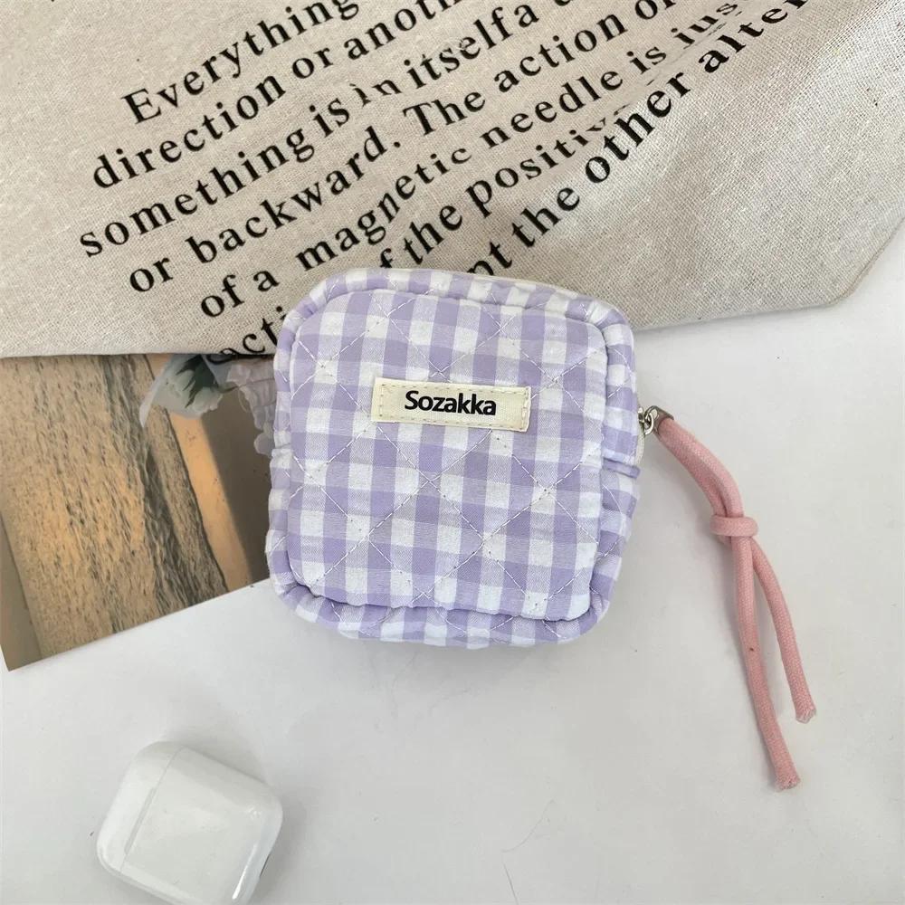 Large Capacity Plaid Bow Print Mini Cosmetic Bag Candy Color Makeup Sanitary Napkin Storage Cotton Cloth Small Item Bag