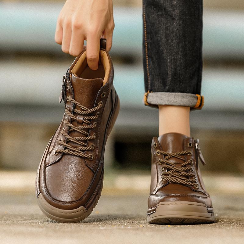 Leather Boots Men High Casual Shoes for Men Trend Zipper Walk Flats Winter Shoes Vulcanized Ankle Boots New