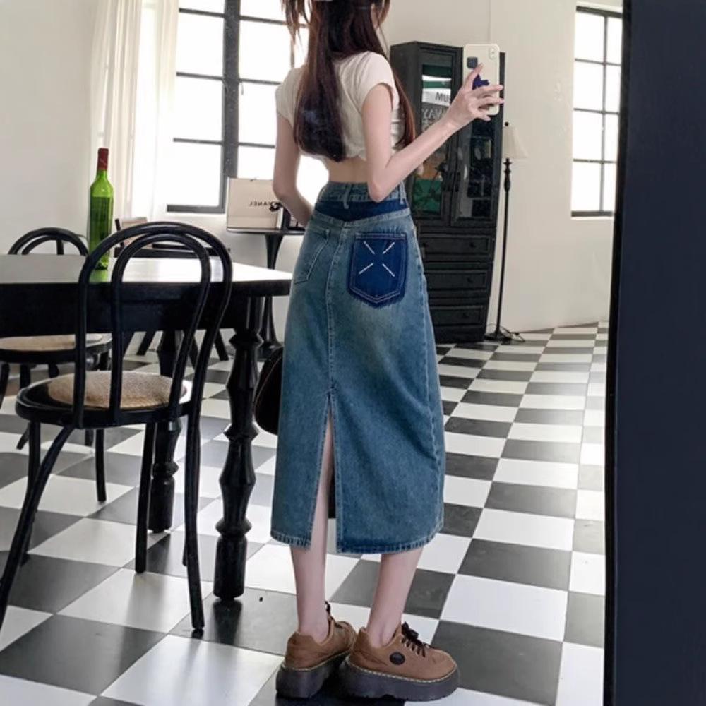 

Women s High Waist Color Block Denim Midi Skirt - A-Line Bodycon for Spring & Autumn 2024 Extra Large синій