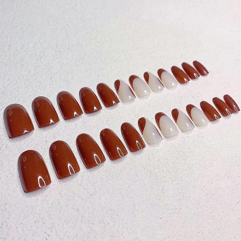 24 Pcs Press On Nails Medium, Heytea Almond Fake Nails with Nail Glue, False Nails with Designs Acrylic Nails Glue On Nails for Women and Girls (Brown