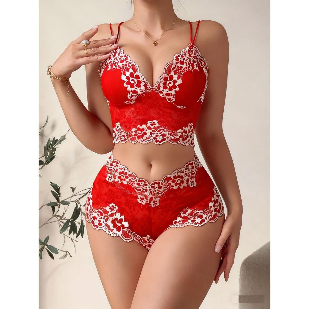 

Two-tone Floral Lace Bra Set, V-neck Body-hugging Hallow-out Camisole Top and Panties, Women s Daily Comfortable Lingerie XXL червоний
