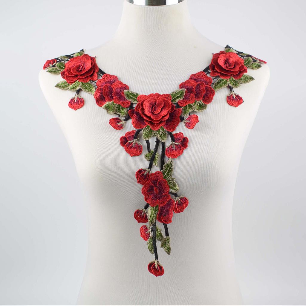 1 buc Floare Brodată Trandafir Roșu Ciucure Guler Flora Frunză Aplicații Rochie Cusut Patch Decorațiune Rochie de Mireasă