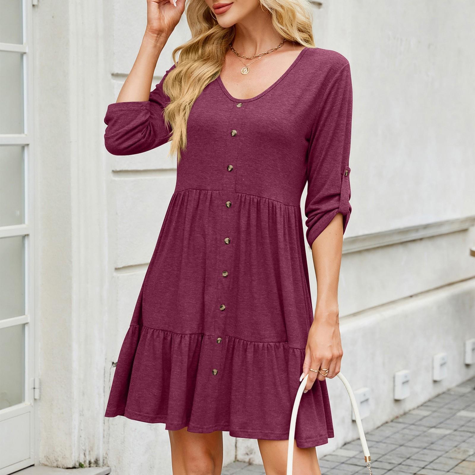 

Женское модное однотонное платье-пуловер с V-образным вырезом и короткими рукавами XL винный