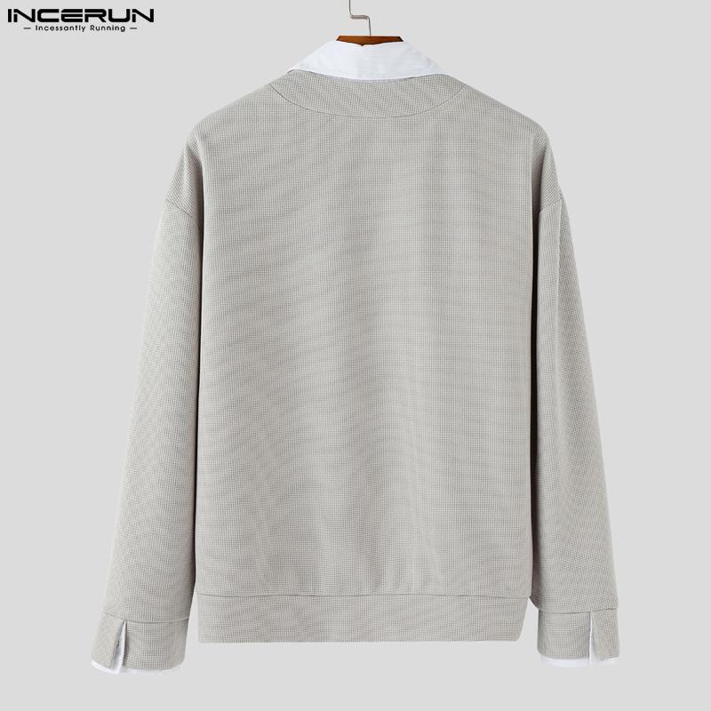 INCERUN Autumn Winter Men Patchwork Lapel Neck Long Sleeve Casual Texture Pullovers