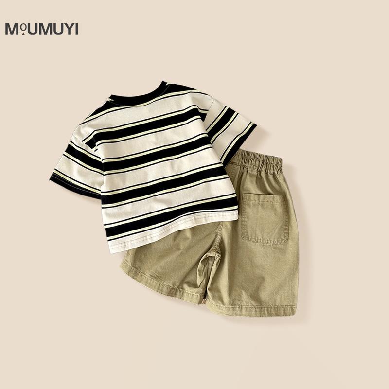 2025 Summer Boys' Pure Cotton Striped T-Shirt Set - Short & Half Sleeve Options