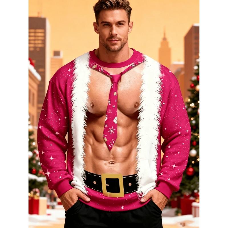 Men Crewneck Sweatshirt, Funny Fake Muscle Santa Suit Tie Xmas Print Polyester Pullover