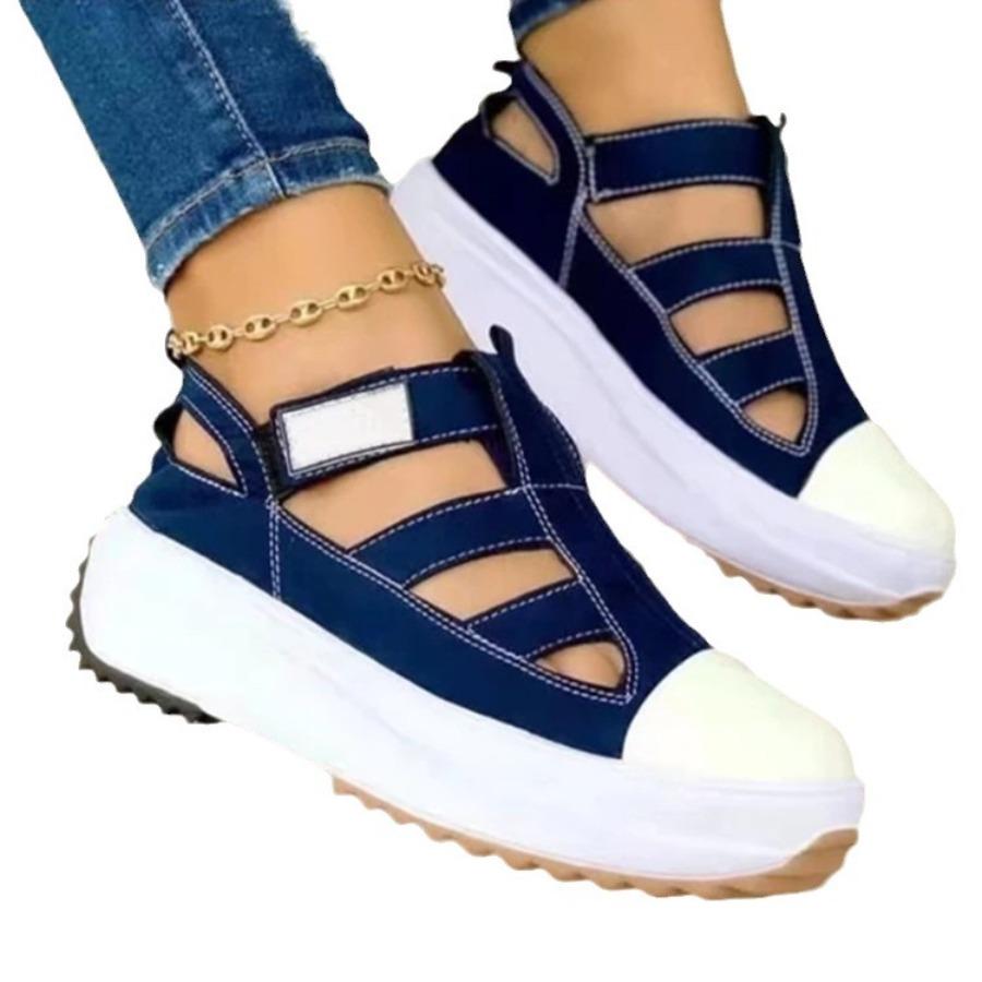 Plus Size Women's Overseas Trade Flats 2025 New Arrival Chunky Sole Flats Women's Openwork Velcro Casual Shoes