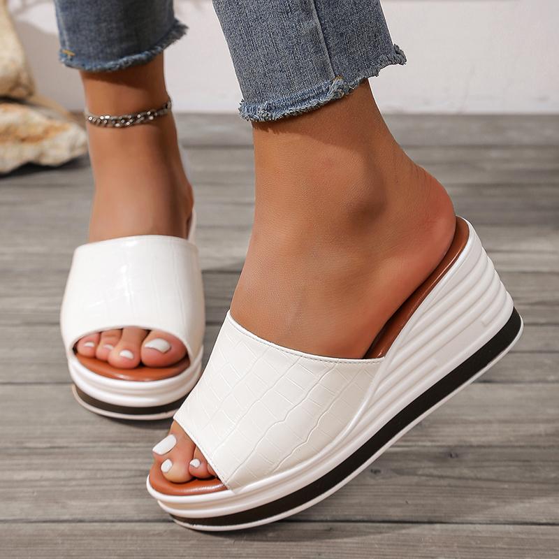 Zapatillas de Cuña de Cuero PU Blanco Mujer Talla Grande Moda Peep Toe Sandalias de Plataforma Mujer Verano 2025 Suela Gruesa Chanclas de Playa