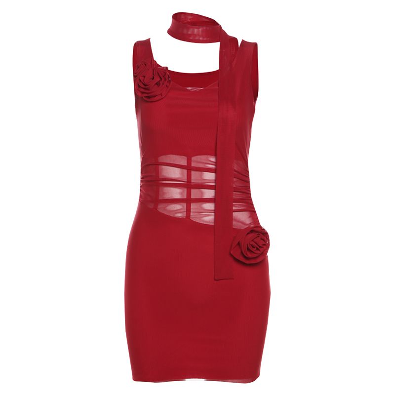 

# Sisjuly# [Flower Wedding Yarn Series] Elegant Retro Mesh Hanging Collar Suspender Skirt Female Rose Dress Red L