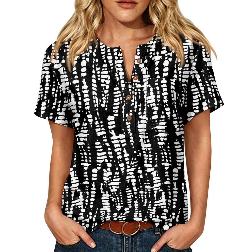 Camicia Casual da Donna con Stampa, Collo Henley, Manica Corta, Cotone e Lino, Tasca Frontale e Bottone, Vestibilità Rilassata