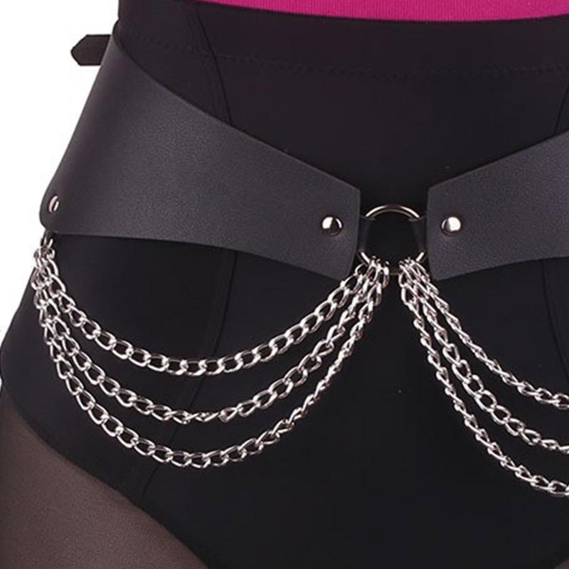 Gothic Waist Chain Alloy and PU Leather Body Chains with Multi Layer Chain Decor Body Straps Accessories for Women Girl