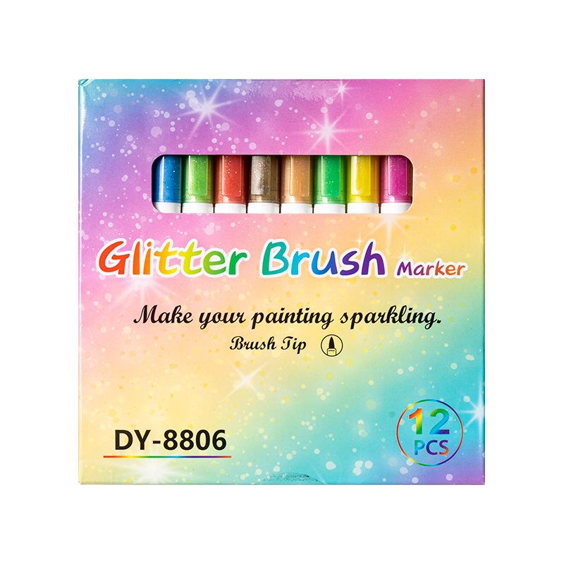 Colored Glitter Marker Pens, 12 Colors - Soft Tip for DIY Graffiti, Journals, and Photo Coloring