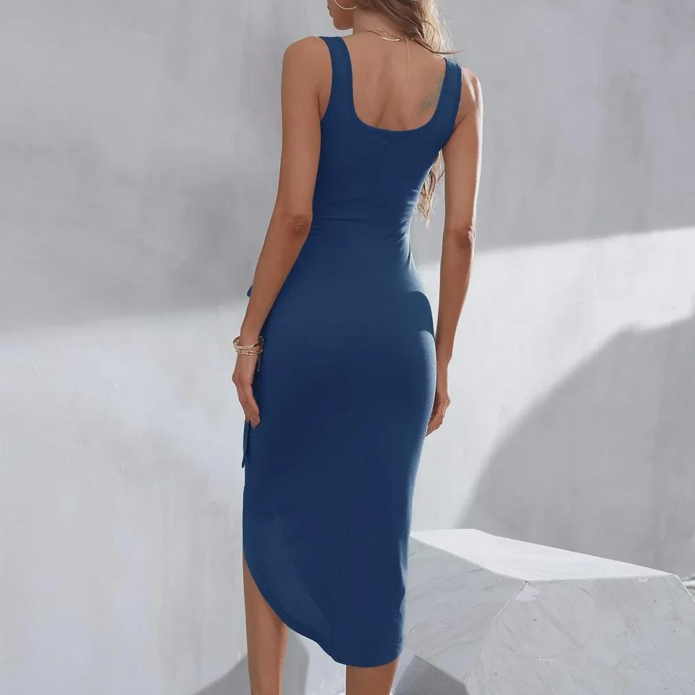 European & American Style Square Neck Sleeveless Irregular Midi Dress - Summer