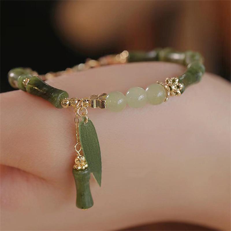 Exquisite Retro Handmade Bamboo Joint Beaded Bracelet For Women Girls  Leaves Tassel Bangles Party Charm Jewelry Gifts