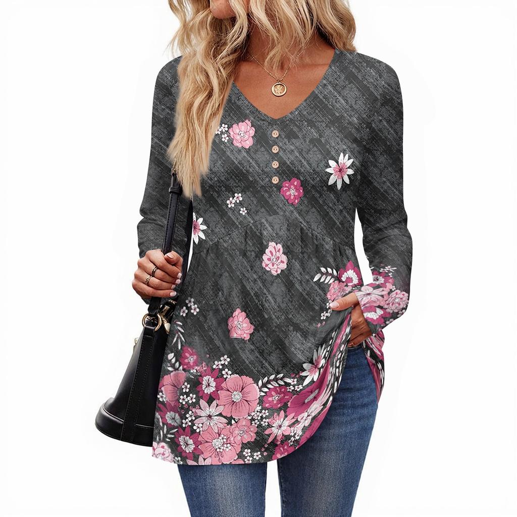 Top casual de damă la modă cu gât în V, nasturi, imprimeu floral retro, mâneci lungi