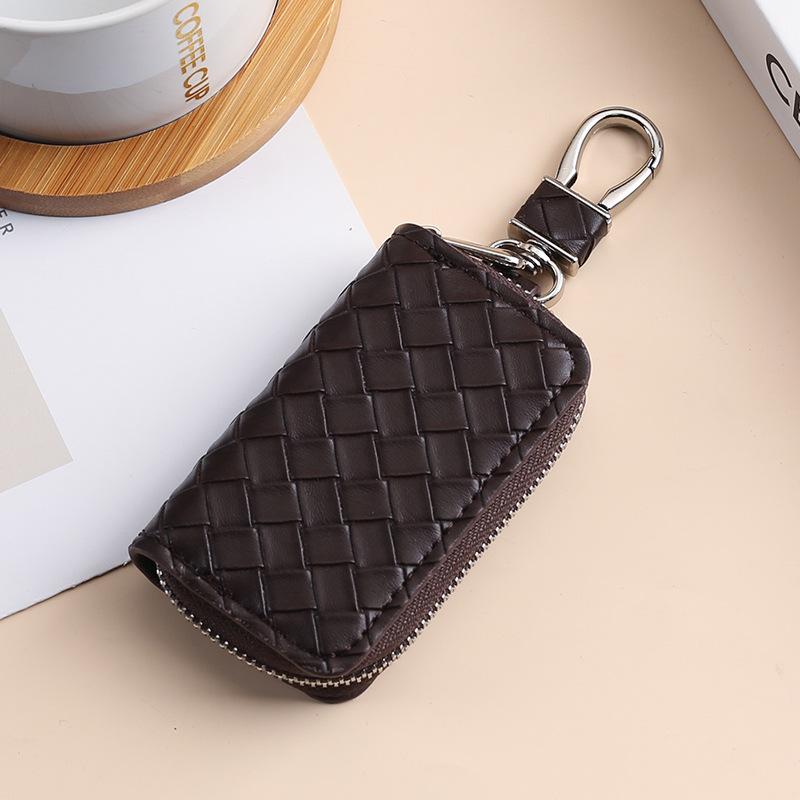 Woven Pattern Car Key Case for Men Large Capacity Zipper Key Organizer Pouch for Women Keychain Car Key Holder Car Accessories