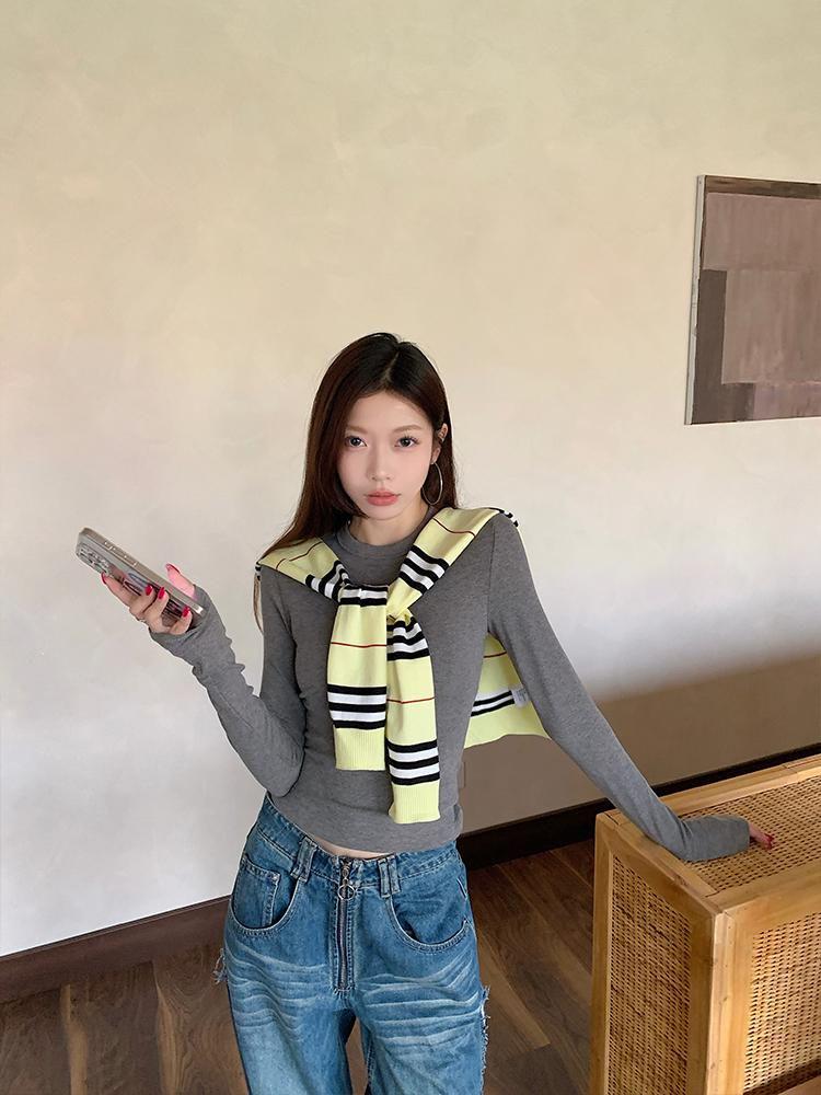 Women's Autumn Korean-Style Fitted Top: Versatile, Waist-Cinching Base Layer with Long Sleeves and Short Length.