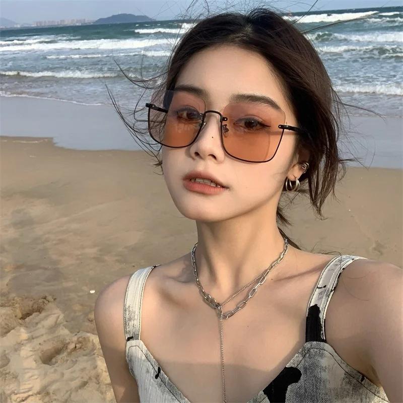 Oversize Square Half Frame Women Sunglasses Large Frame Sunglasses Thin Women Plain Concave Sunglasses