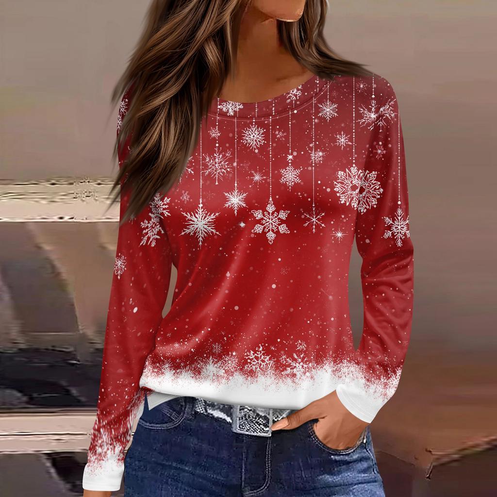 Women's Fashion Casual Slit Hem Round Neck Long Sleeve Loose Printed T-Shirt Ladies Top Christmas