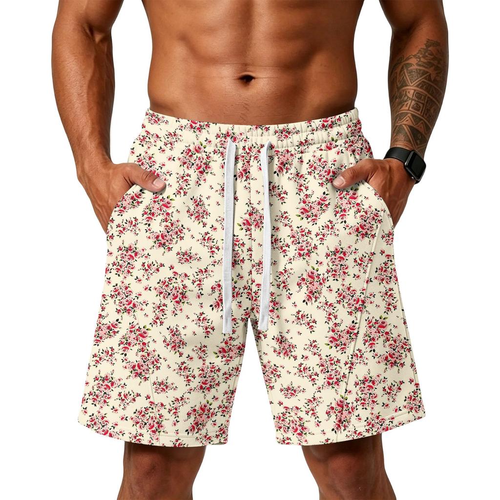 Men Floral Print Loose Fit Athletic Training Gym Beach Shorts with Pockets Elastic Waistband Drawstring Casual Sportswear