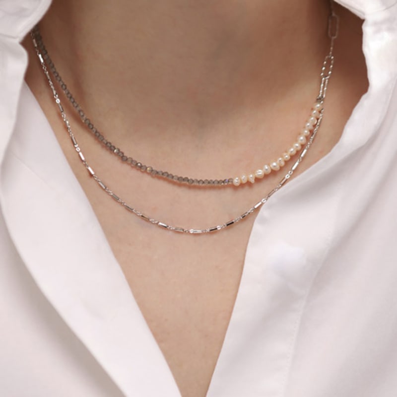 ozel Silver 925 Labradorite Fresh Water Pearl Layered Necklace PS113N