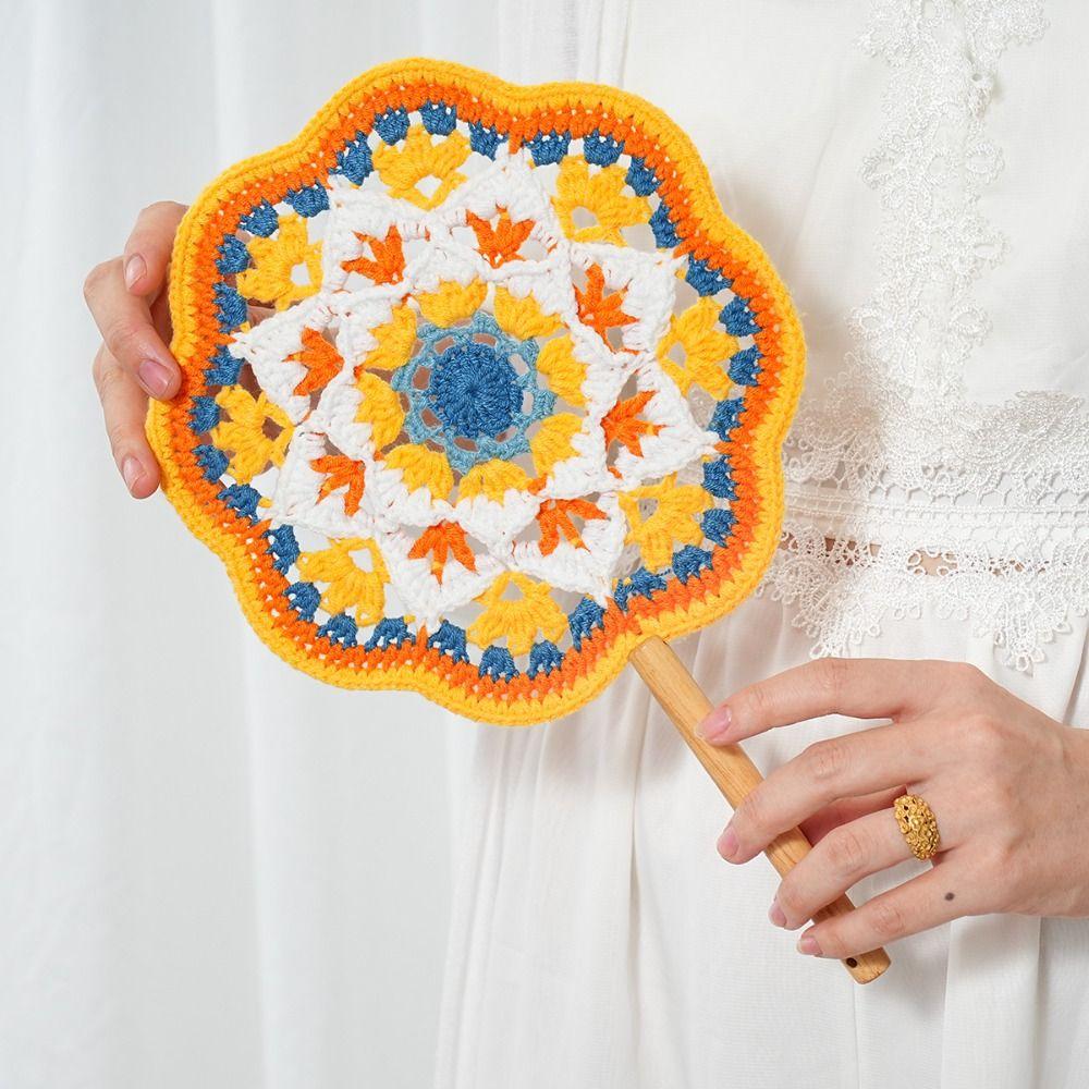 Yarn Hand Cranked Fan Handmade Decorative Craft Fan Crocheted Antique Style Fan  Women