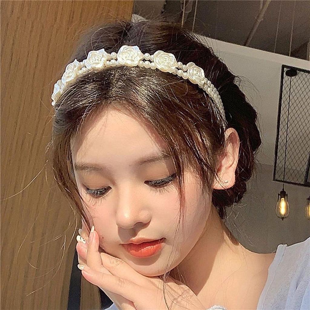 Sweet and Elegant Rose Red Faux Pearl Headband Women's Hair Accessory with Double-Layer Design, French Bridal Headpiece Suitable for Wedding
